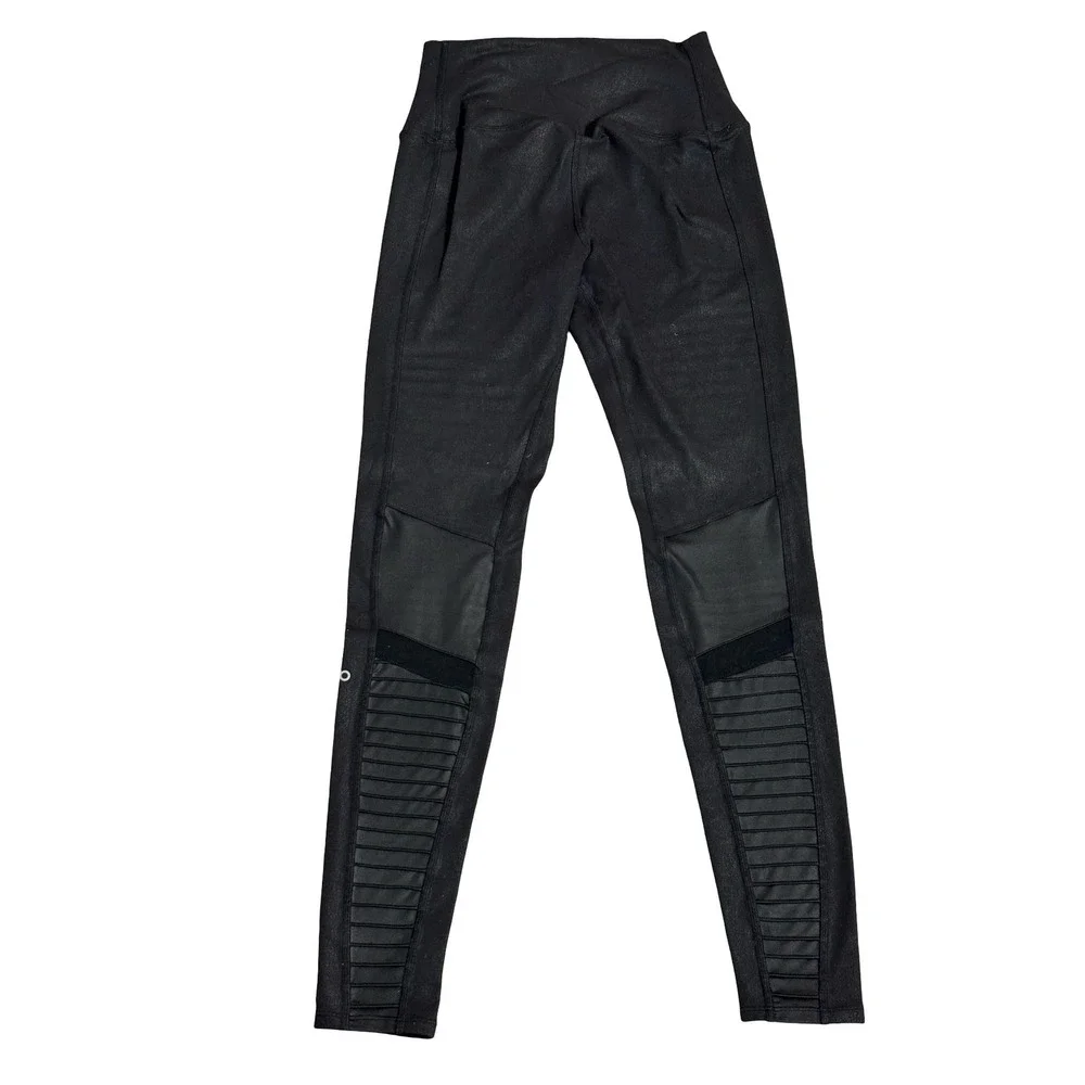 Alo Yoga High-Waist Moto Leggings S Black Glossy Quilted Mesh Activewear